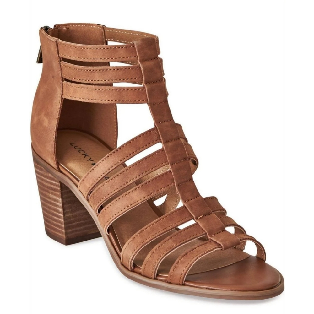 LUCKY BRAND Kyndrah Leather Strappy Zip Back Heeled Sandal Size 8.5in Rust Brown